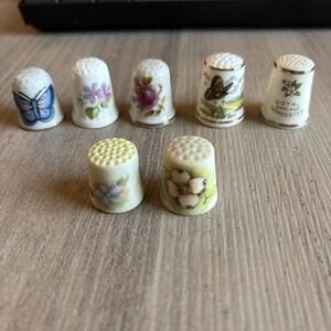 Vintage Royal England Worcester Porcelain Thimbles Lot of 7 Flowers Butterfly
